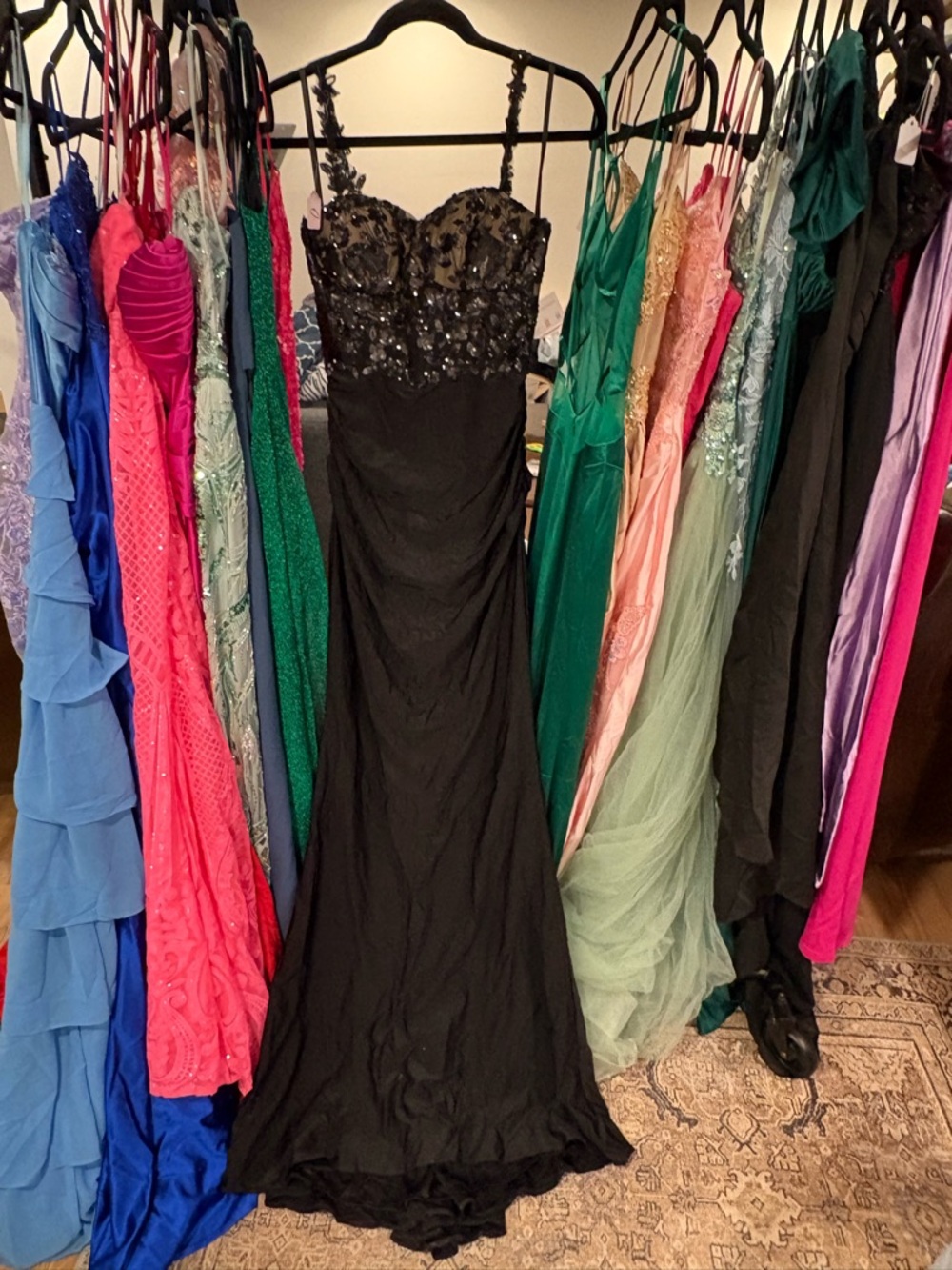 Elegant Black Sequin Bodice Prom Gown with Spaghetti Straps